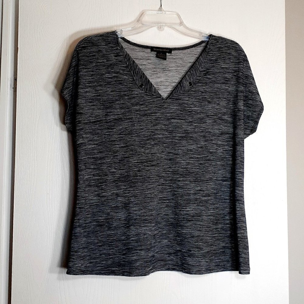 Susan LAWRENCE Variegated Gray Tunic w Cap Sleeves / Folded Collar; Size Large